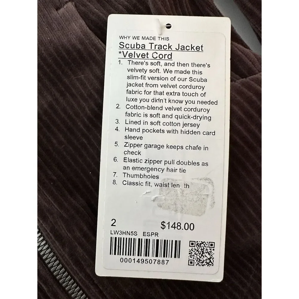 Lululemon Scuba Track Jacket‎ Women's Velvet Espresso Brown Corduroy Size 2